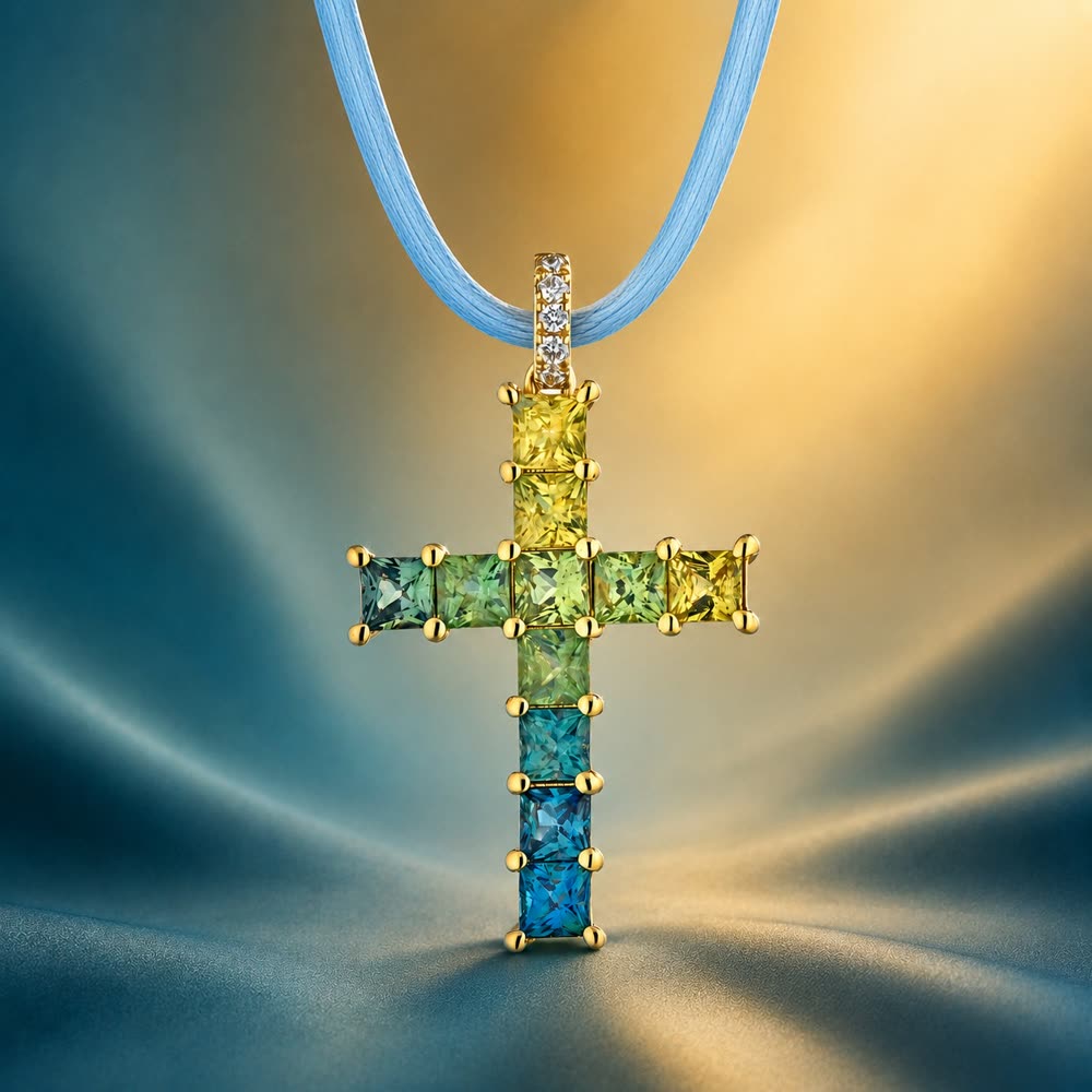 Aurora Rio — croce con zaffiri multicolore in Oro Giallo — Ciro Gallotti